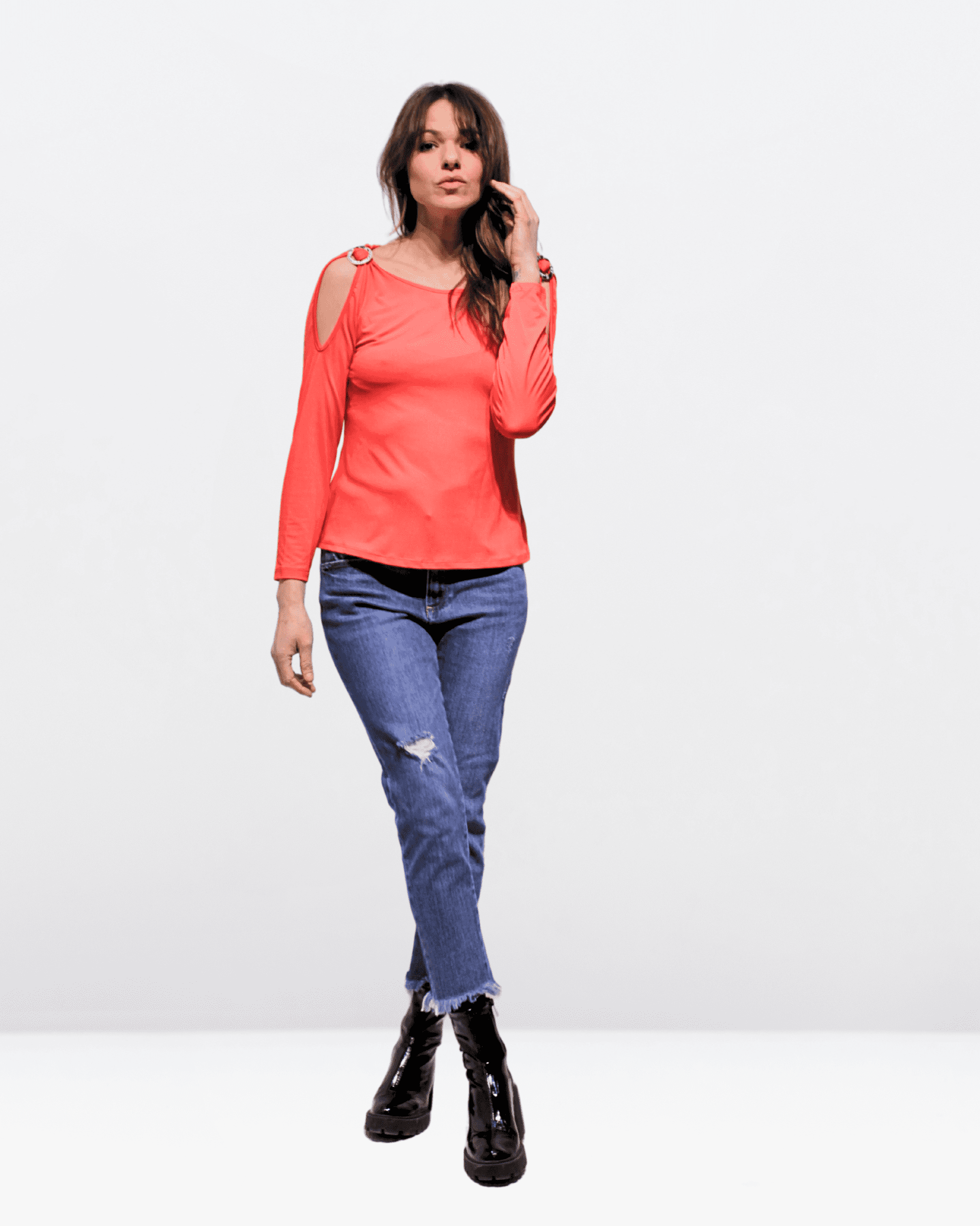 Top hombros descubiertos mujer, blusa manga larga, volantes, corte crop, cuello redondo, cierre decorativo, estilo moderno, color rojo, talla 38, ideal primavera verano, cómodo, versátil ✅Entrega 24/48h