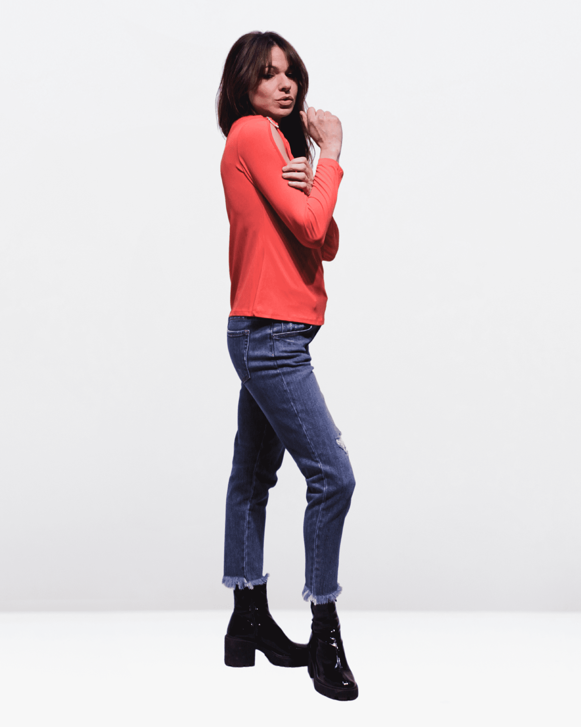 Top hombros descubiertos mujer, blusa manga larga, volantes, corte crop, cuello redondo, cierre decorativo, estilo moderno, color rojo, talla 38, ideal primavera verano, cómodo, versátil ✅Entrega 24/48h