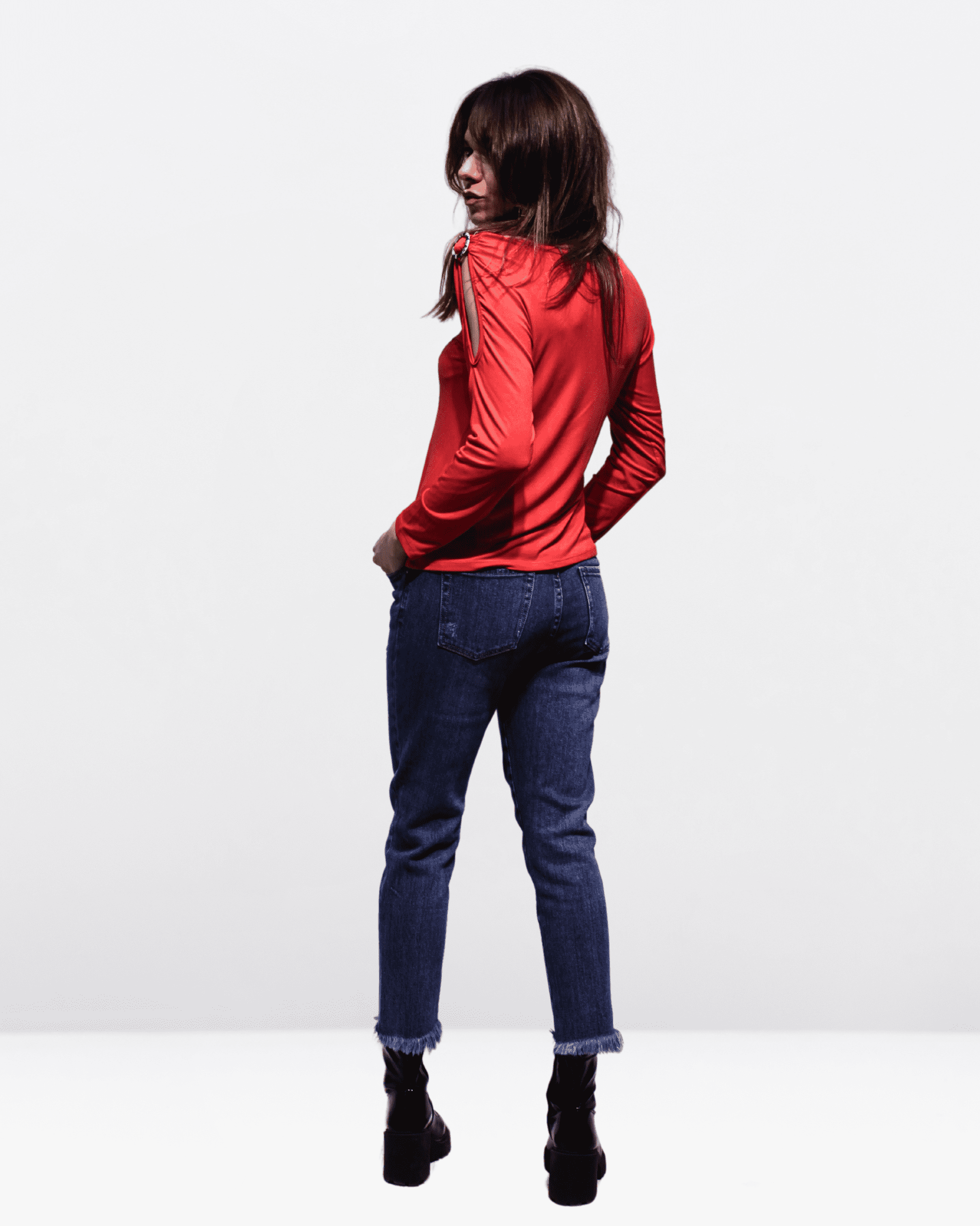Top hombros descubiertos mujer, blusa manga larga, volantes, corte crop, cuello redondo, cierre decorativo, estilo moderno, color rojo, talla 38, ideal primavera verano, cómodo, versátil ✅Entrega 24/48h