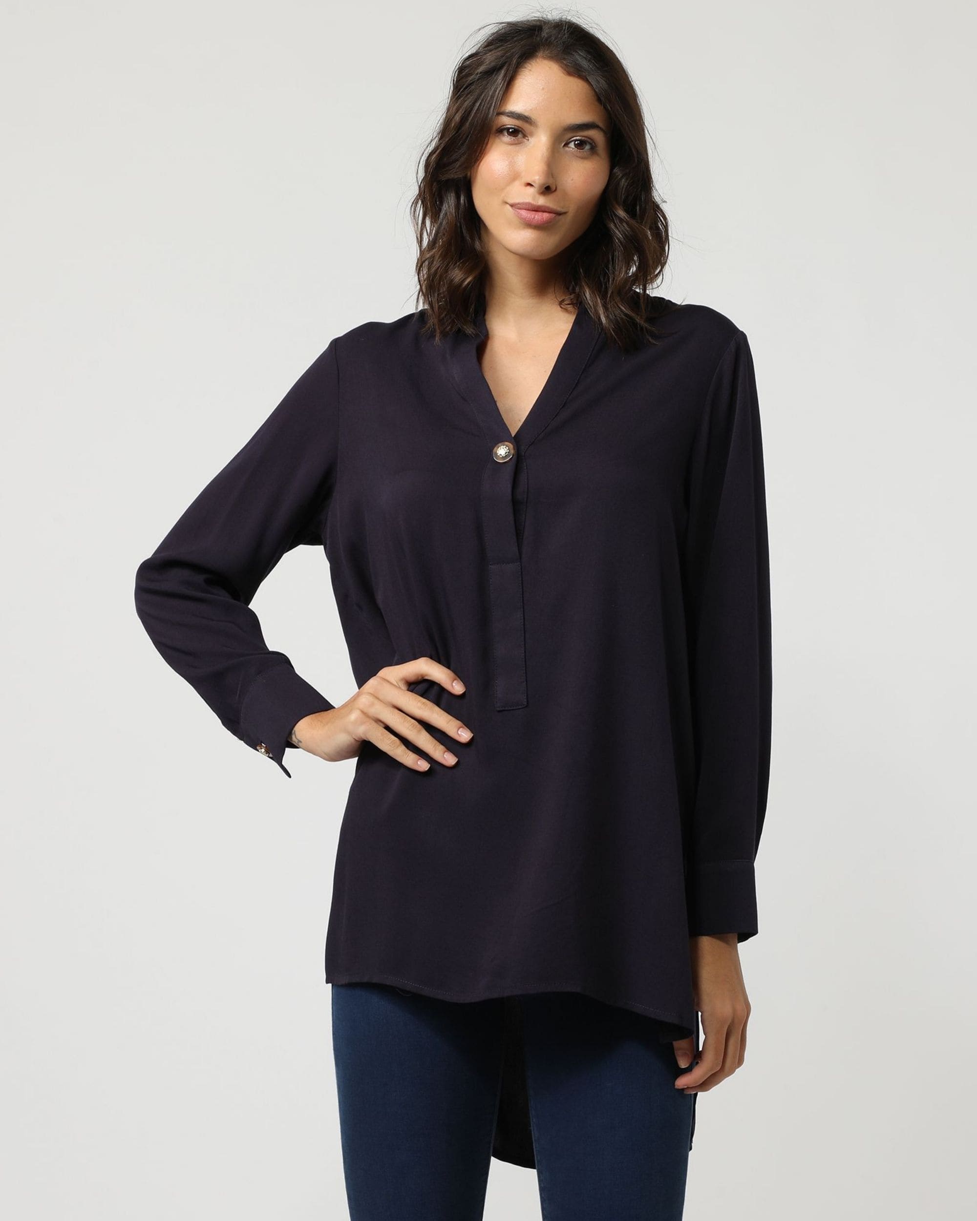Blusa mujer, camisa, blusón liso, cuello tunecino, manga larga, viscosa suave, estilo casual elegante, azul marino, talla 38, cómoda y versátil, fácil de combinar, look formal o informal ✅Entrega 24/48h