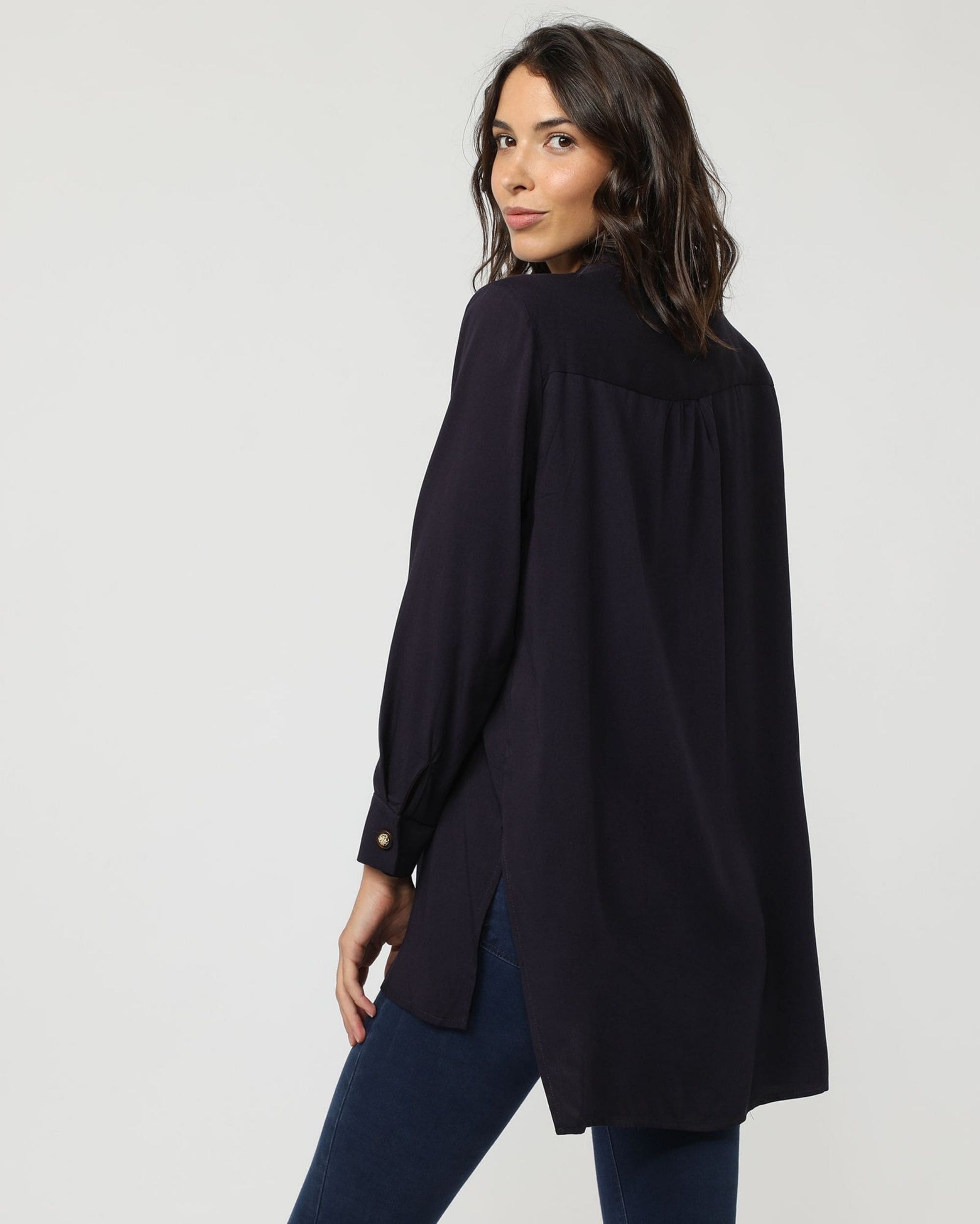 Blusa mujer, camisa, blusón liso, cuello tunecino, manga larga, viscosa suave, estilo casual elegante, azul marino, talla 38, cómoda y versátil, fácil de combinar, look formal o informal ✅Entrega 24/48h