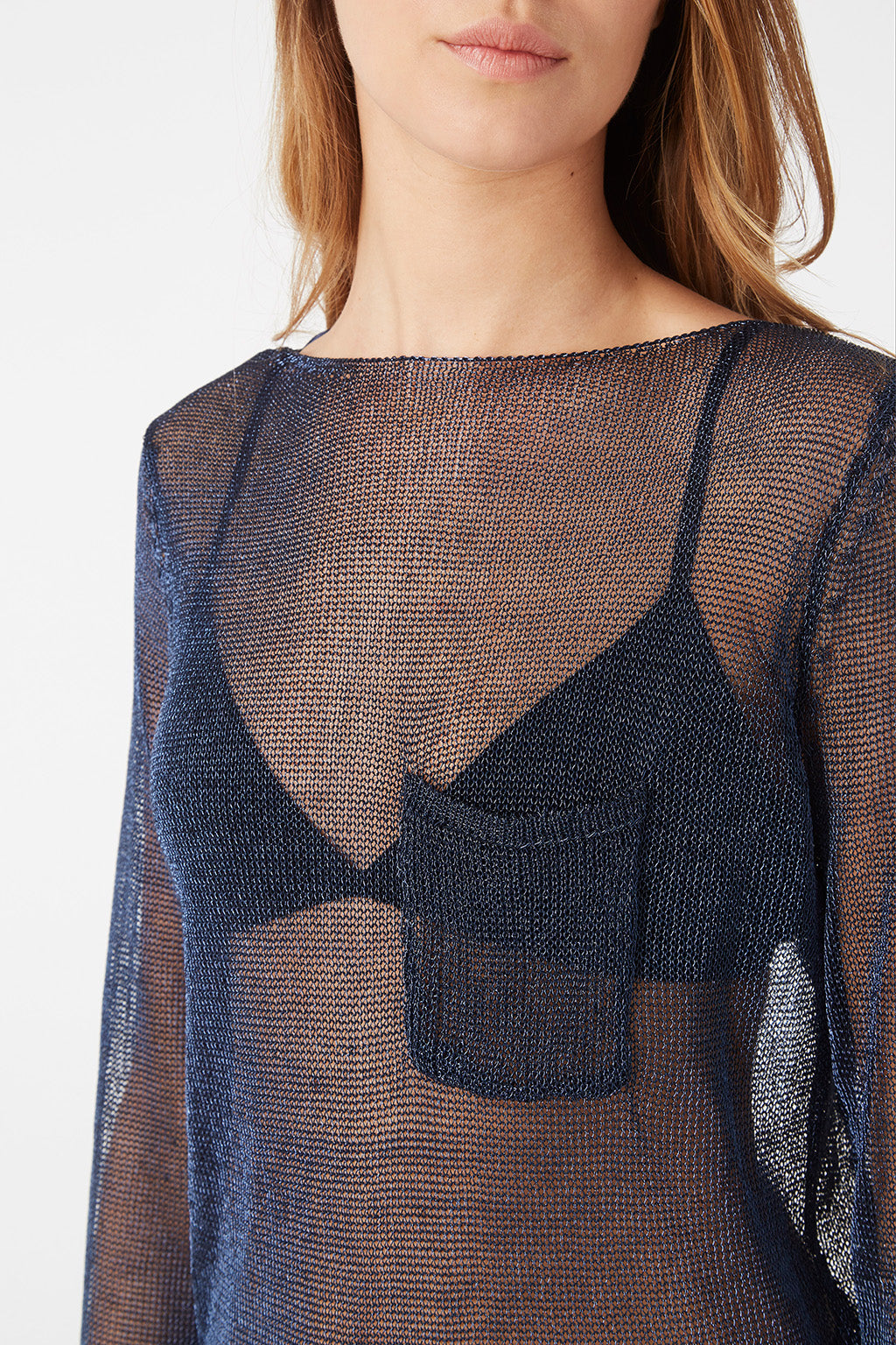 Jersey mujer, suéter ligero metálico, blusa transparente, cuello barco, manga larga, bolsillo delantero, hilo brillante, elegante, azul marino, talla 38, look moderno, versátil ✅Entrega 24/48h