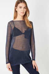 Jersey mujer, suéter ligero metálico, blusa transparente, cuello barco, manga larga, bolsillo delantero, hilo brillante, elegante, azul marino, talla 38, look moderno, versátil ✅Entrega 24/48h
