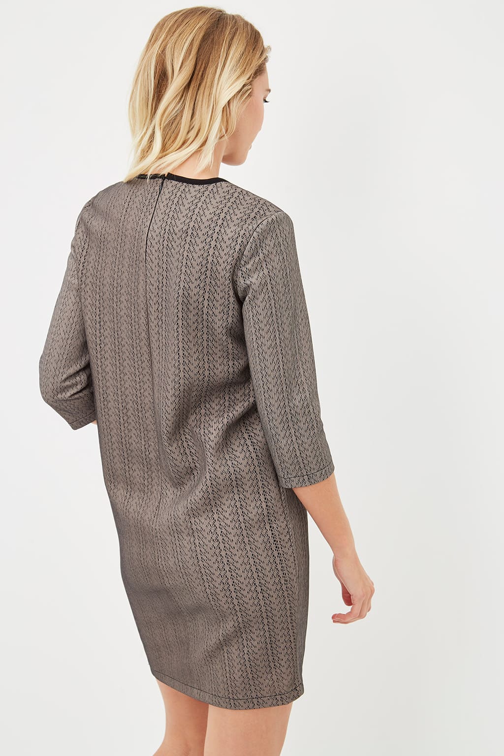 Vestido corto mujer, dress outfit La Morena LA-120001, manga 3/4, cuello redondo contraste, estampado geométrico, forro interior, cierre cremallera trasera, estilo elegante, talla 42, beige ✅Entrega 24/48h