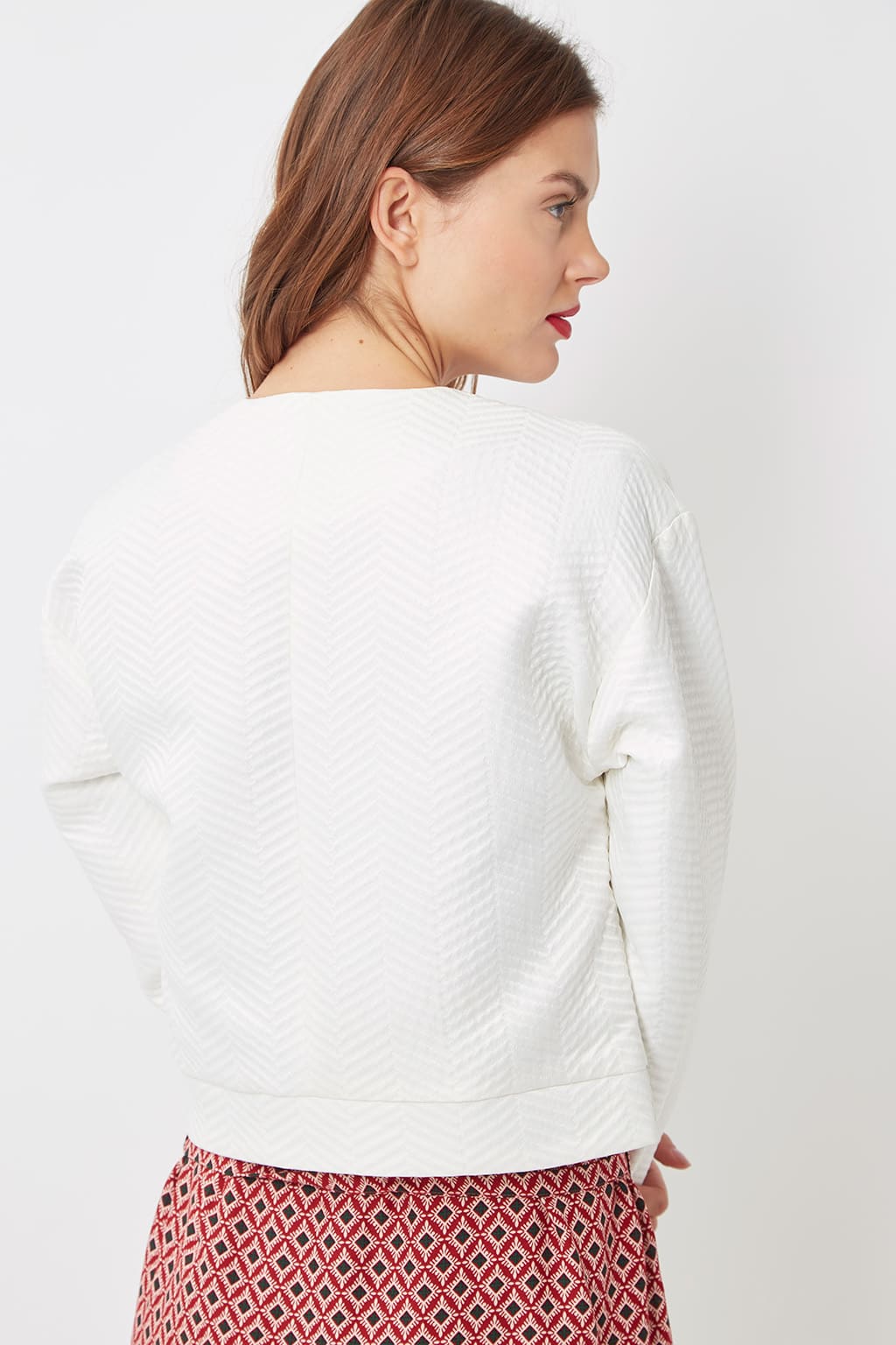 Chaqueta mujer textura elegante, abrigo corto, cuello redondo, cierre corchetes, manga larga, material ligero, estilo moderno, color blanco, talla 42, cómoda y versátil uso diario oficina eventos ✅Entrega 24/48h