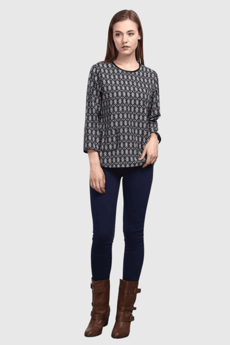 Blusa mujer, camisa casual, modelo estampado geométrico, manga larga, cuello redondo, bolsillos delanteros, cómoda, versátil, estilo casual, color negro, talla 38, ideal oficina o diario ✅Entrega 24/48h