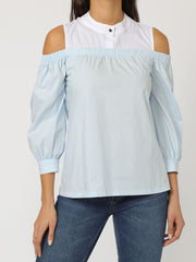 Blusa mujer hombros descubiertos camisa top cuello mao manga larga puño botón algodón fresca cómoda casual elegante celeste talla 36 ideal primavera verano ✅Entrega 24/48h