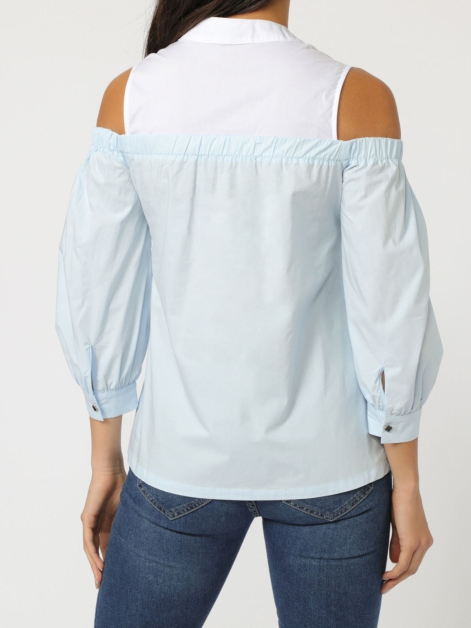 Blusa mujer hombros descubiertos camisa top cuello mao manga larga puño botón algodón fresca cómoda casual elegante celeste talla 36 ideal primavera verano ✅Entrega 24/48h