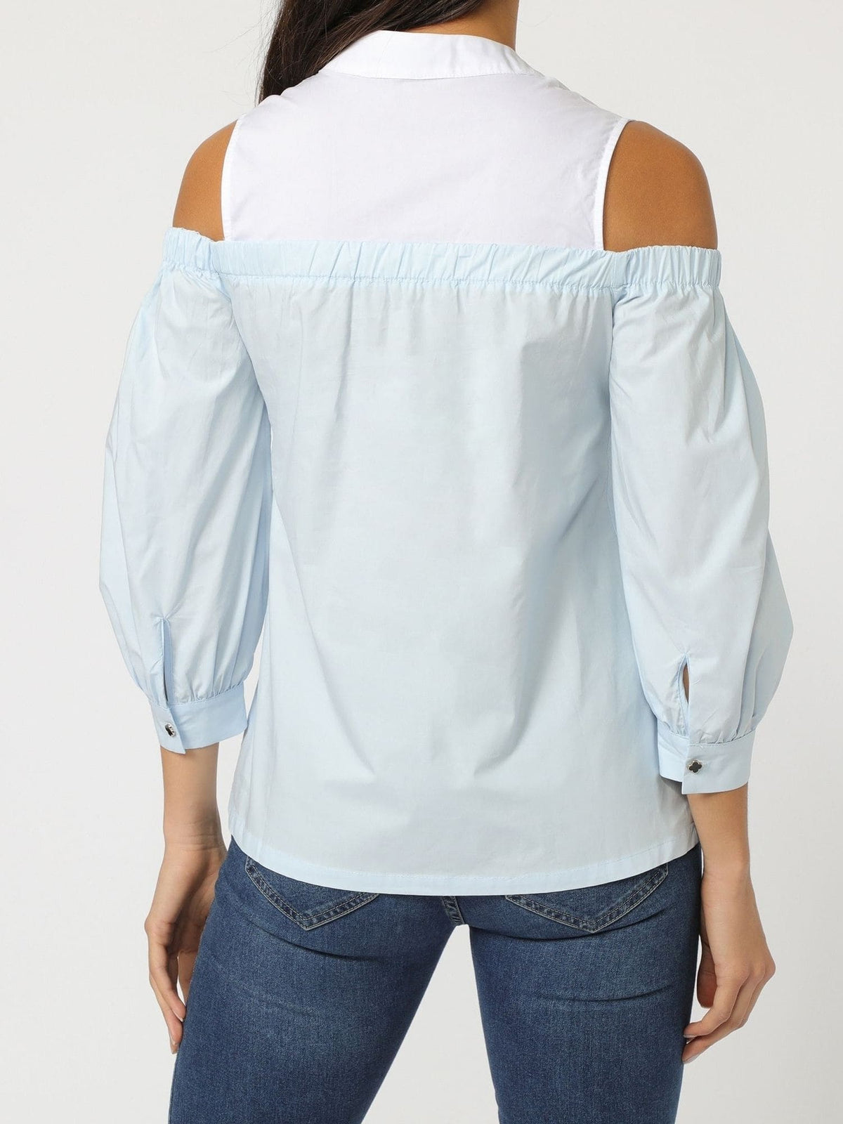 Blusa mujer hombros descubiertos camisa top cuello mao manga larga puño botón algodón fresca cómoda casual elegante celeste talla 36 ideal primavera verano ✅Entrega 24/48h