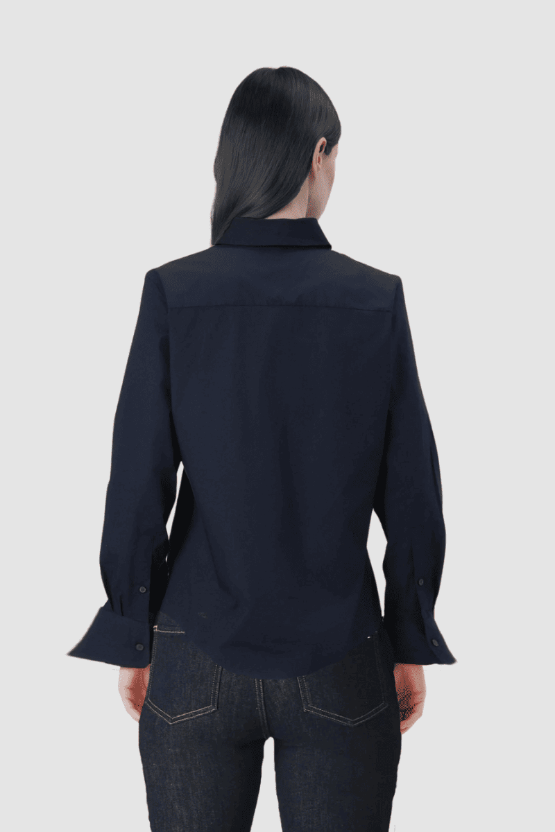 Blusa mujer entallada, camisa elegante, manga larga, escote en V, volante delantero, viscosa suave, cierre de puño, azul marino, talla 42, look casual oficina, cómoda y versátil ✅Entrega 24/48h