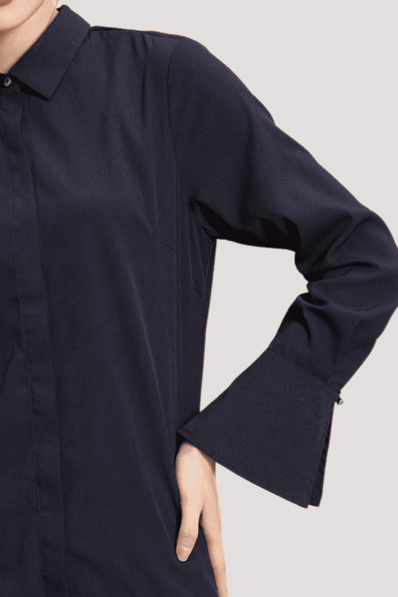 Blusa mujer entallada, camisa elegante, manga larga, escote en V, volante delantero, viscosa suave, cierre de puño, azul marino, talla 42, look casual oficina, cómoda y versátil ✅Entrega 24/48h