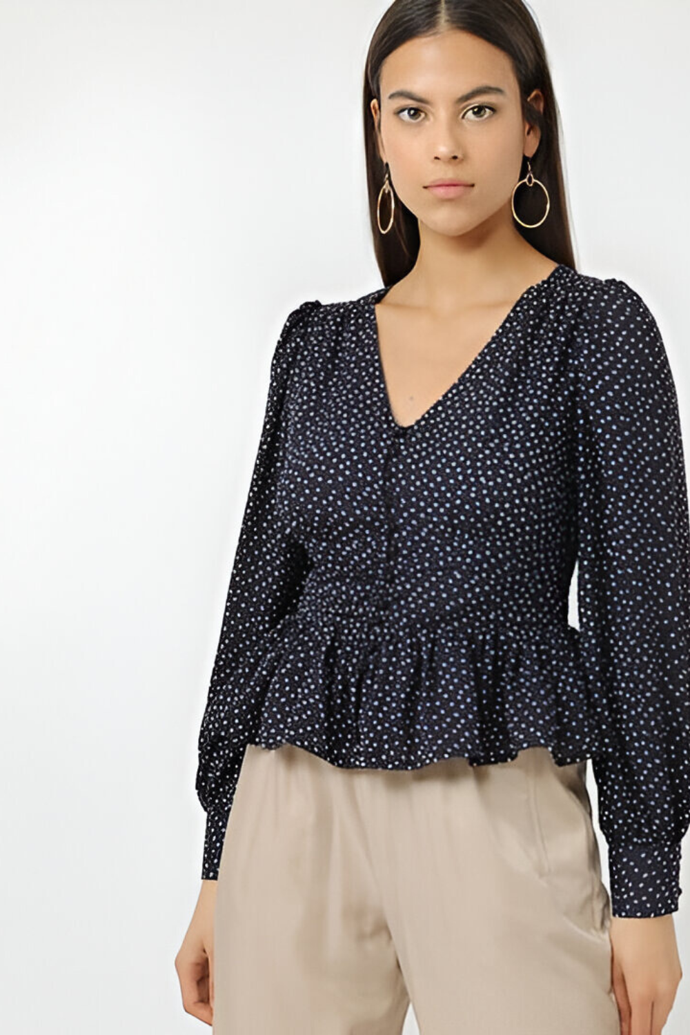 Blusa mujer, camisa, top estampada viscosa escote V, manga larga, drapeado cintura, bajo con volantes, botones delanteros, estilo casual elegante, modelo La Morena, talla 38, azul marino ✅Entrega 24/48h