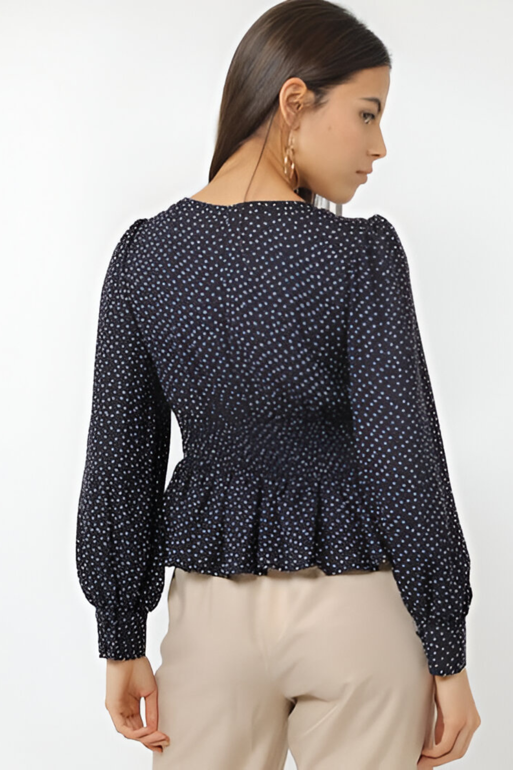 Blusa mujer, camisa, top estampada viscosa escote V, manga larga, drapeado cintura, bajo con volantes, botones delanteros, estilo casual elegante, modelo La Morena, talla 38, azul marino ✅Entrega 24/48h