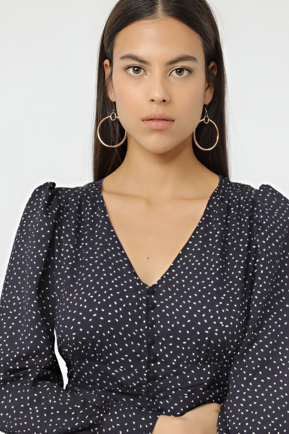 Blusa mujer, camisa, top estampada viscosa escote V, manga larga, drapeado cintura, bajo con volantes, botones delanteros, estilo casual elegante, modelo La Morena, talla 38, azul marino ✅Entrega 24/48h