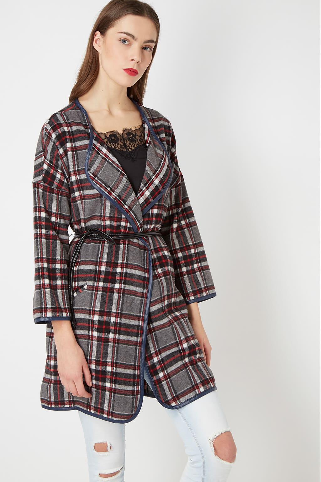 Abrigo mujer cuadros largo, gabardina, chaqueta ligera, tejido suave, ajuste cinturón, corte clásico, estilo casual y sofisticado, colores gris azul rojo, talla 38, realza cualquier outfit, fácil de combinar ✅Entrega 24/48h