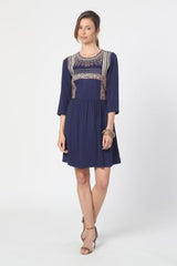 Vestido mini bordado bohemio mujer, dress manga francesa, corte evasé, estilo sofisticado versátil elegante, azul marino, talla 38, outfit ideal oficina eventos casual ✅Entrega 24/48h