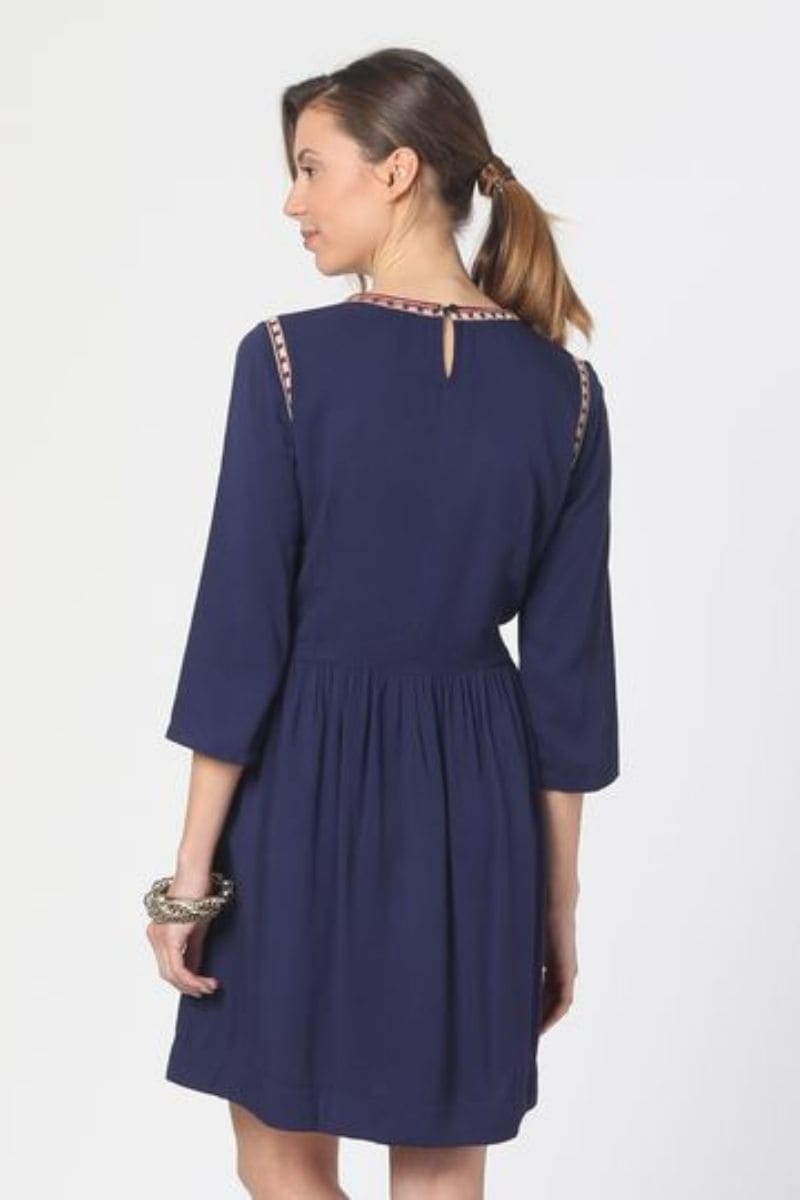 Vestido mini bordado bohemio mujer, dress manga francesa, corte evasé, estilo sofisticado versátil elegante, azul marino, talla 38, outfit ideal oficina eventos casual ✅Entrega 24/48h