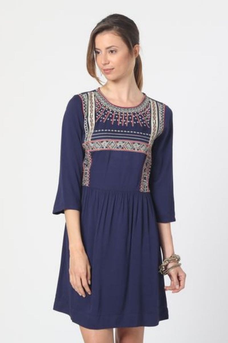 Vestido mini bordado bohemio mujer, dress manga francesa, corte evasé, estilo sofisticado versátil elegante, azul marino, talla 38, outfit ideal oficina eventos casual ✅Entrega 24/48h