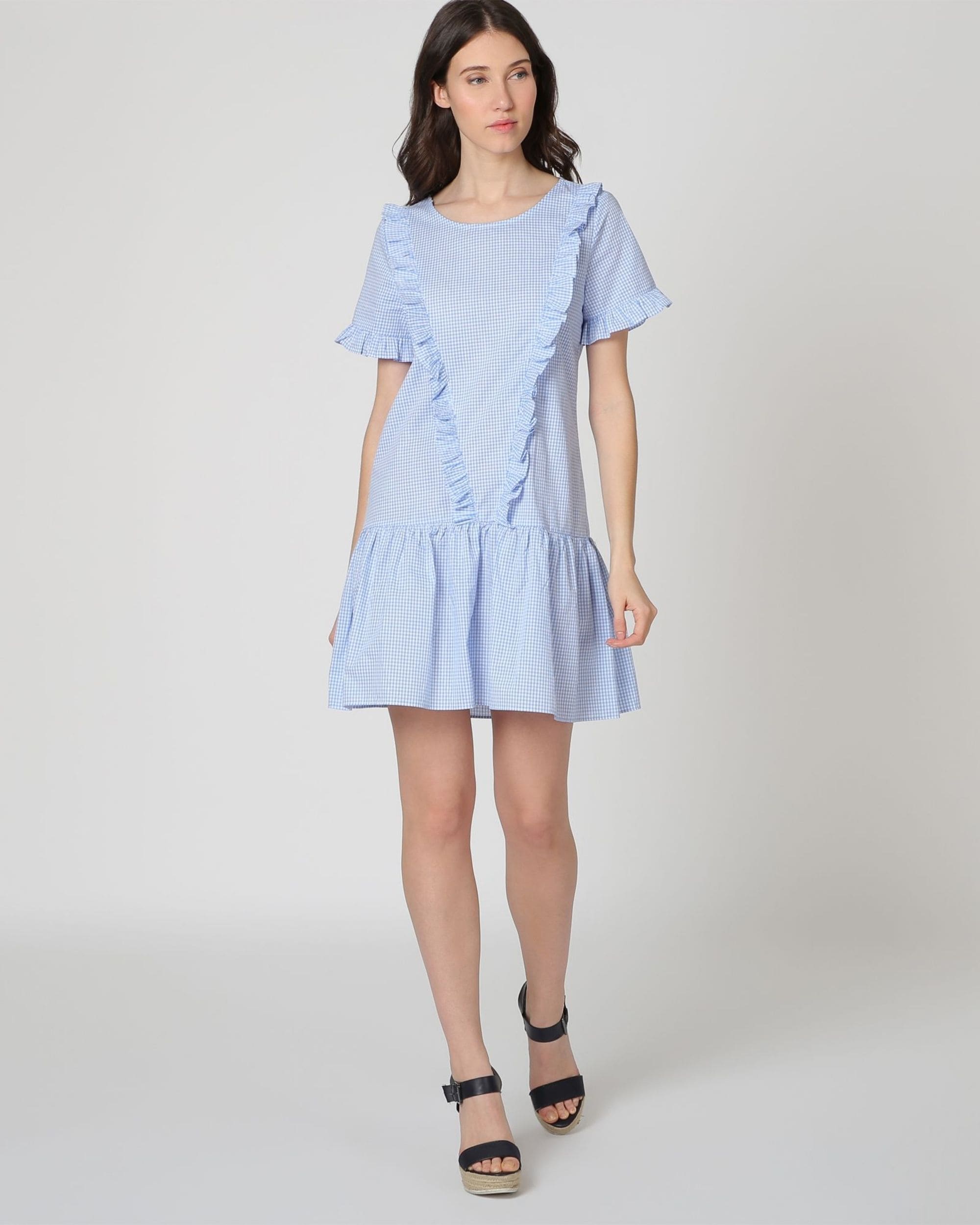 Vestido corto mujer, dress vichy, diseño evasé volantes, algodón fresco, estilo casual, manga corta, cuadros, azul claro, talla 36, cómodo, femenino, movimiento, tendencia, uso diario ✅Entrega 24/48h