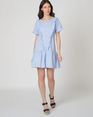 Vestido corto mujer, dress vichy, diseño evasé volantes, algodón fresco, estilo casual, manga corta, cuadros, azul claro, talla 36, cómodo, femenino, movimiento, tendencia, uso diario ✅Entrega 24/48h