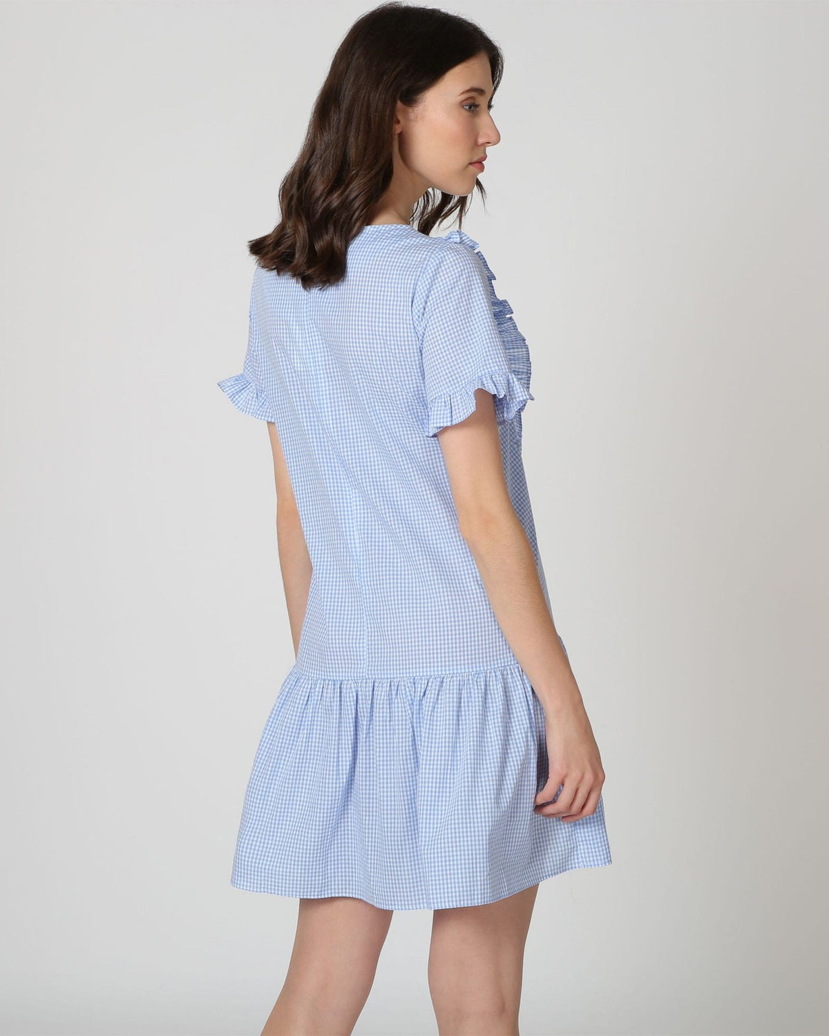 Vestido corto mujer, dress vichy, diseño evasé volantes, algodón fresco, estilo casual, manga corta, cuadros, azul claro, talla 36, cómodo, femenino, movimiento, tendencia, uso diario ✅Entrega 24/48h