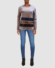 Sudadera mujer, jersey casual, rayas lentejuelas, diseño moderno, tacto suave, corte relajado, estilo urbano, color gris, combina jeans tacones, talla 38, cómoda, ideal reuniones, 40 colores disponibles ✅Entrega 24/48h