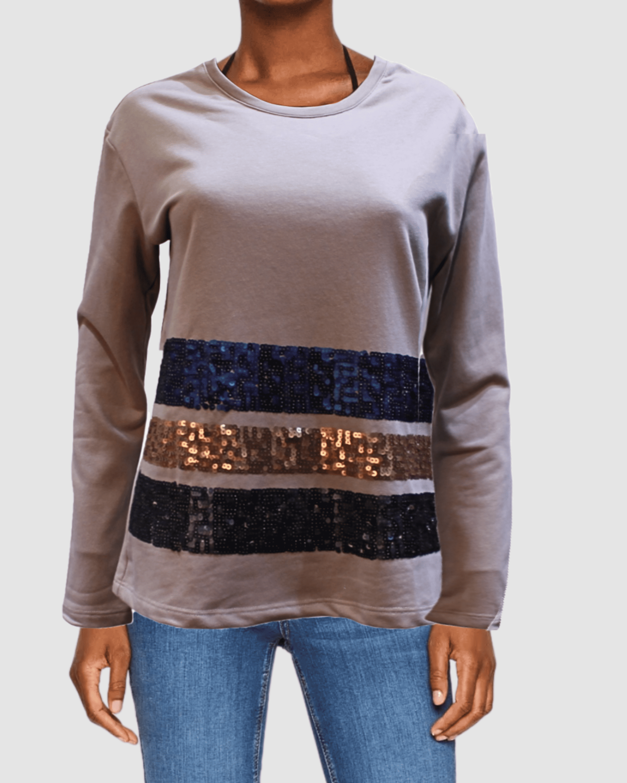 Sudadera mujer, jersey casual, rayas lentejuelas, diseño moderno, tacto suave, corte relajado, estilo urbano, color gris, combina jeans tacones, talla 38, cómoda, ideal reuniones, 40 colores disponibles ✅Entrega 24/48h