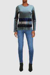 Sudadera mujer casual, jersey, suéter clásico con franjas de lentejuelas, corte regular, estilo urbano, material suave, color verde oliva, talla 38, destaca brillo sofisticado, cómoda, versátil, ideal looks streetwear ✅Entrega 24/48h