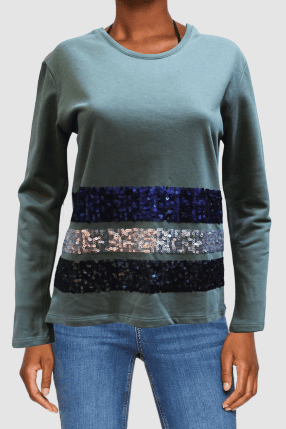 Sudadera mujer casual, jersey, suéter clásico con franjas de lentejuelas, corte regular, estilo urbano, material suave, color verde oliva, talla 38, destaca brillo sofisticado, cómoda, versátil, ideal looks streetwear ✅Entrega 24/48h