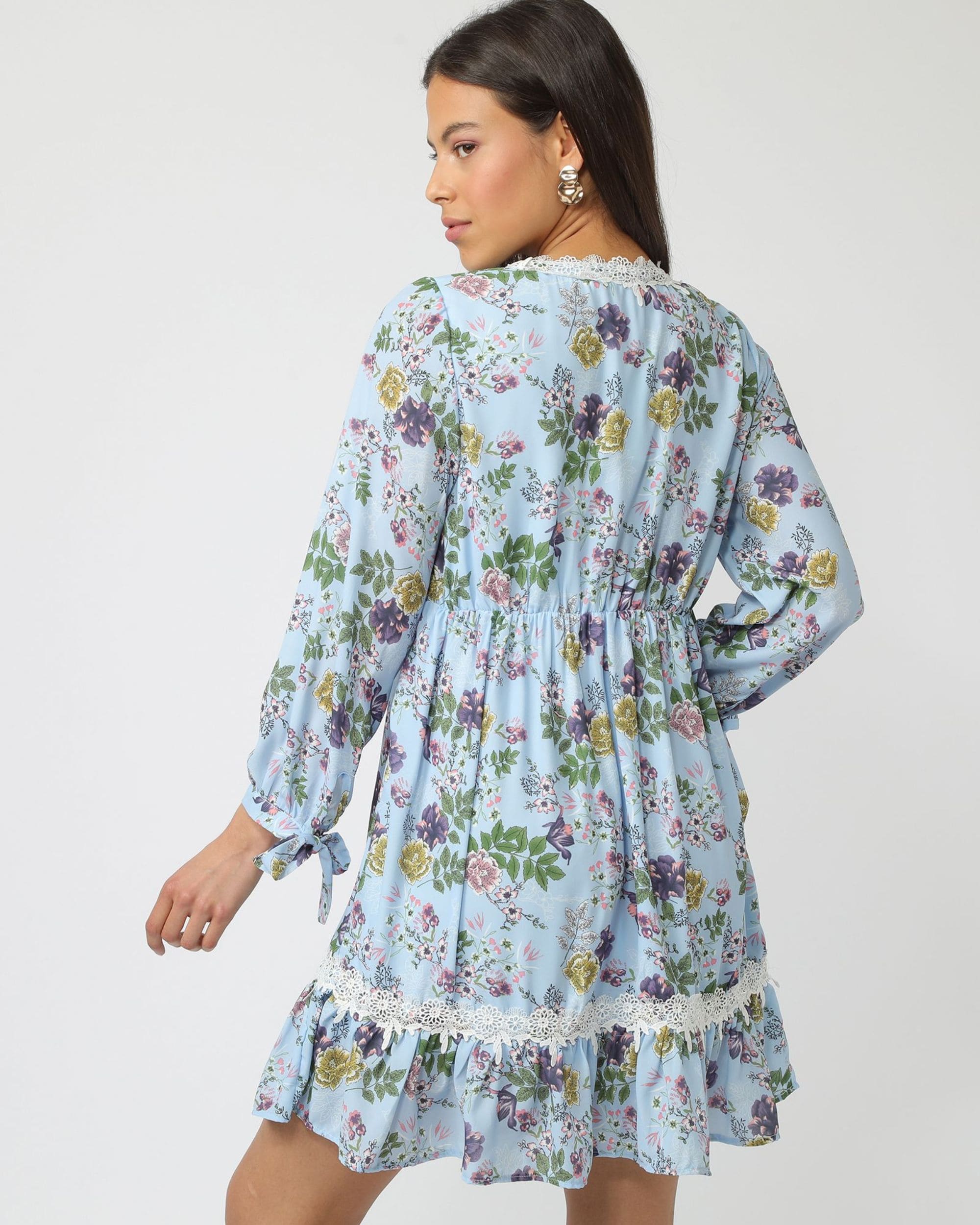 Vestido corto floral, dress bohemio vuelo, encaje en escote, manga larga, tela suave, escote V, modelo fresco y cómodo, ideal oficina eventos, color celeste, talla 38, versátil, elegante, fácil de combinar ✅Entrega 24/48h