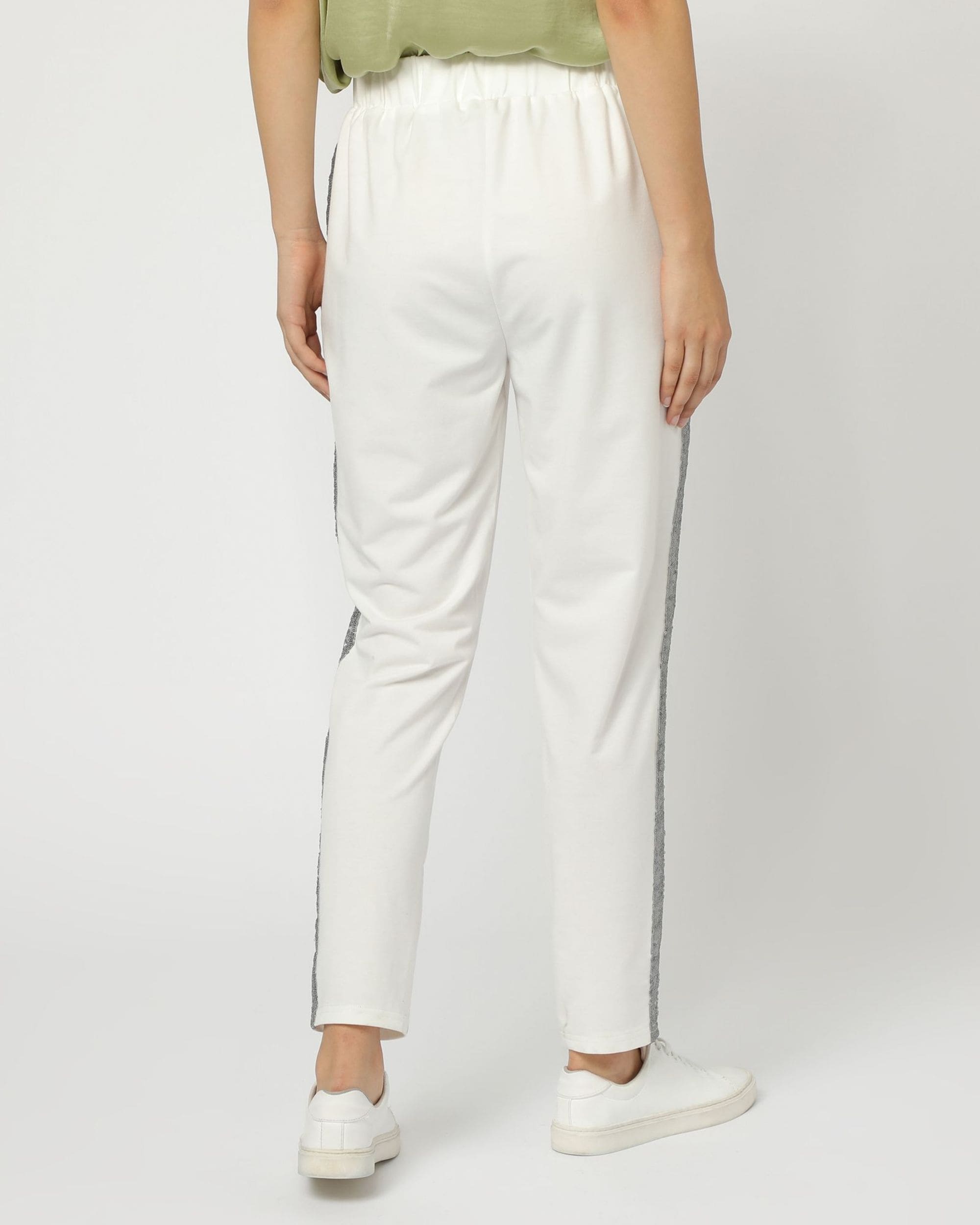 Pantalón jogger mujer, sweatpants, tiro alto, algodón suave, costado contraste, cintura elástica, cordón ajustable, relaxed fit, urbano, cómodo, moda casual, talla 38, blanco y gris, versátil ✅Entrega 24/48h