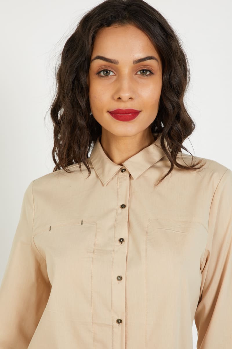 Vestido mujer camisero liso dress outfit formal casual modelo LA-180050 manga larga autorregulable corte recto botones frontal elegante cómodo color beige talla 38 versátil oficina ✅Entrega 24/48h