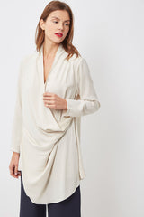 Chaqueta mujer amplia drapeada, blazer fluido, diseño oversize elegante, escote pico, manga larga, cierre lateral corchete, tejido ligero, color beige, talla 38, cómoda y versátil ✅Entrega 24/48h