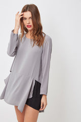 Blusa larga mujer elegante asimétrica, blusón ligero textura suave, manga larga, diseño moderno corte irregular, gris, talla 38, cómoda y versátil, ideal oficina eventos casuales ✅Entrega 24/48h
