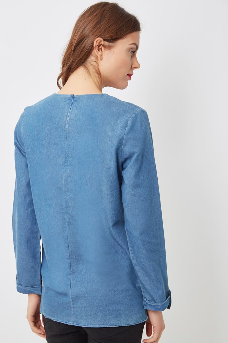 Blusa femenina denim, camisa casual, manga larga, detalle lazo, cuello redondo, tejido suave, cómoda, moderna, estilo urbano, disponible talla 38, azul, ideal oficina diario, fácil combinar, versátil ✅Entrega 24/48h