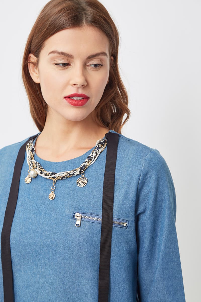 Blusa femenina denim, camisa casual, manga larga, detalle lazo, cuello redondo, tejido suave, cómoda, moderna, estilo urbano, disponible talla 38, azul, ideal oficina diario, fácil combinar, versátil ✅Entrega 24/48h