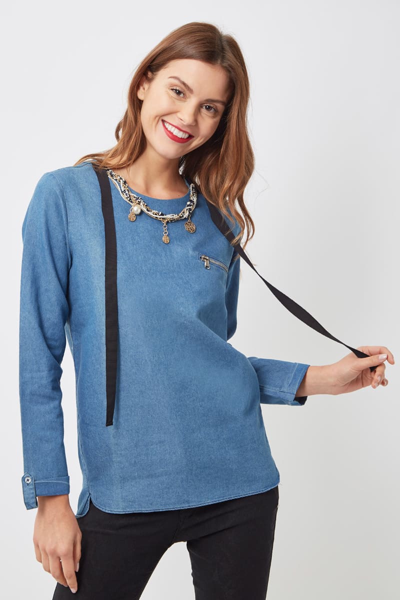 Blusa femenina denim, camisa casual, manga larga, detalle lazo, cuello redondo, tejido suave, cómoda, moderna, estilo urbano, disponible talla 38, azul, ideal oficina diario, fácil combinar, versátil ✅Entrega 24/48h