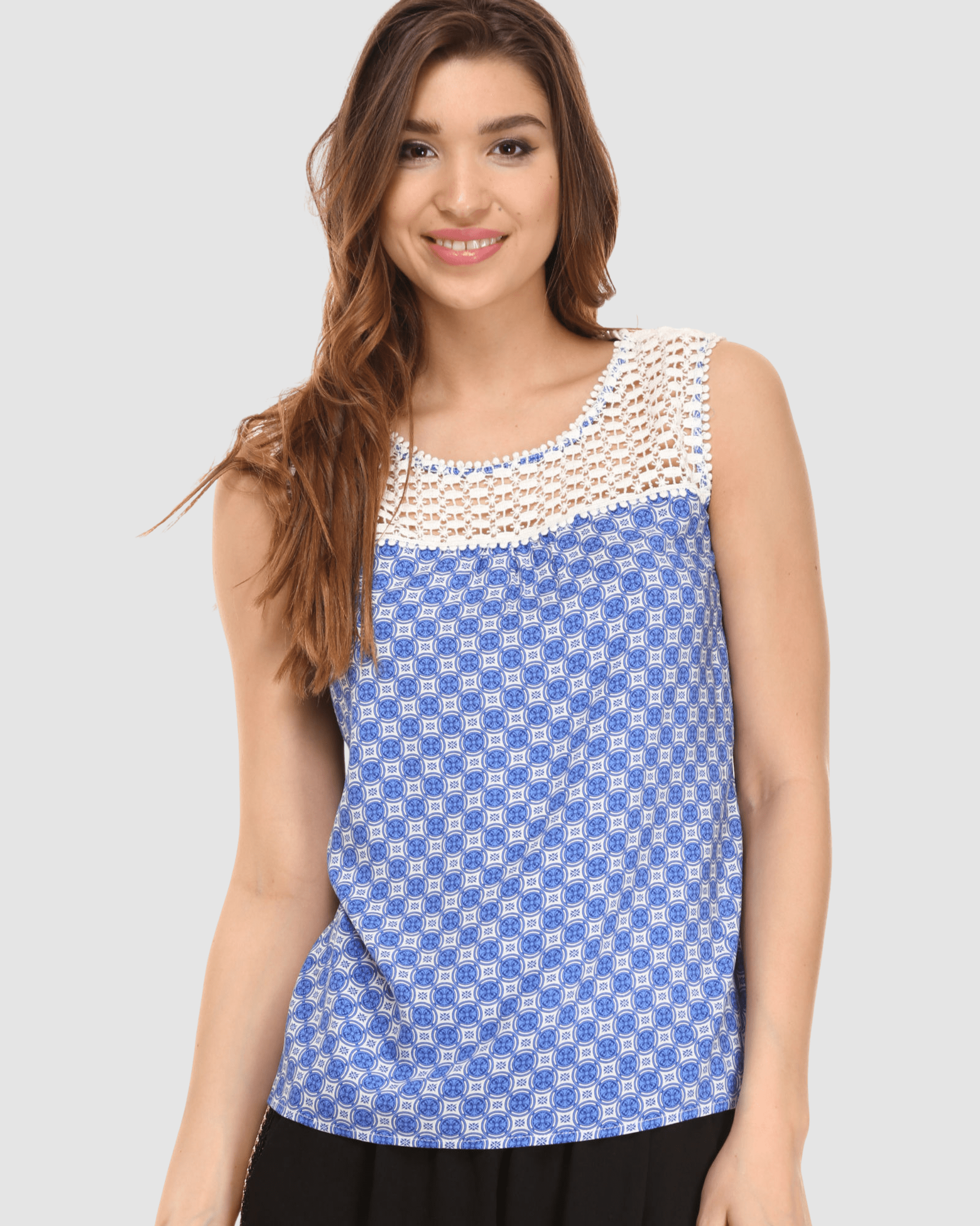 Blusa Sin Mangas Mujer, Top Femenino Estampado Geométrico, Encaje Superior Blanco, Tela Ligera, Casual Elegante, Azul, Talla 38, Ideal Oficina Eventos, Combinable Jeans Faldas, Versátil Cómoda ✅Entrega 24/48h