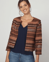 Chaqueta jacquard mujer, blazer, cardigan diseño étnico tejido suave corte recto manga tres cuartos ligera estilo bohemio urbana sofisticada marrón talla 38 look versátil elegante cómoda ✅Entrega 24/48h