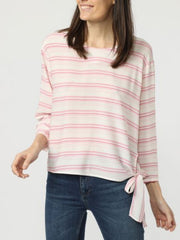 Blusa mujer rayas, camisa, top diseño lazada lateral, viscosa ligera manga larga, corte recto, cuello redondo, cómoda, fresca, color rosa y blanco, talla 38, look casual moderno ✅Entrega 24/48h