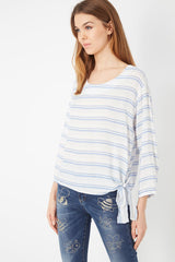 Blusa mujer, shirt, top rayas azul, manga larga, diseño lazo lateral anudado, cuello redondo, botón trasero, suelta, cómoda, versátil, fresca, talla 38, ideal diario oficina primavera verano ✅Entrega 24/48h