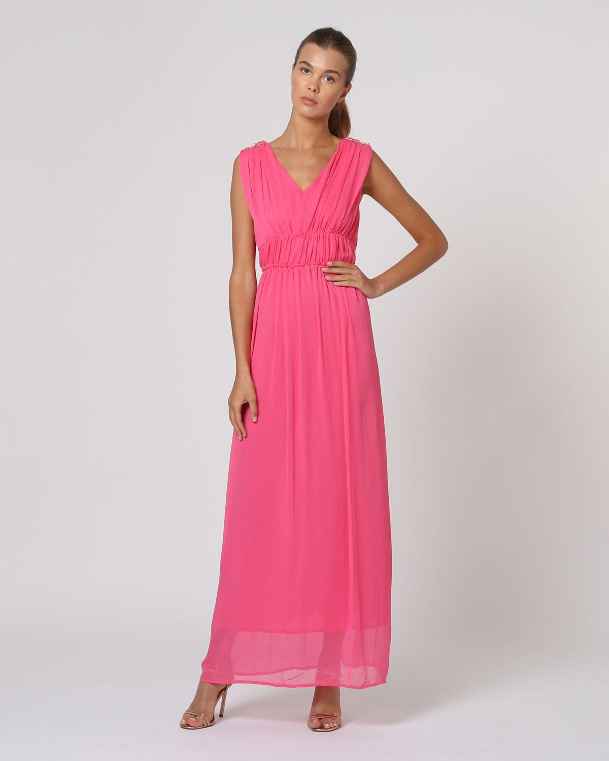 Vestido largo mujer, dress largo plisado, sin mangas, escote V, tejido fluido, elegante, fiesta, eventos, en color fucsia, talla 38, look sofisticado, cómodo, versátil, ligero, memorable ✅Entrega 24/48h