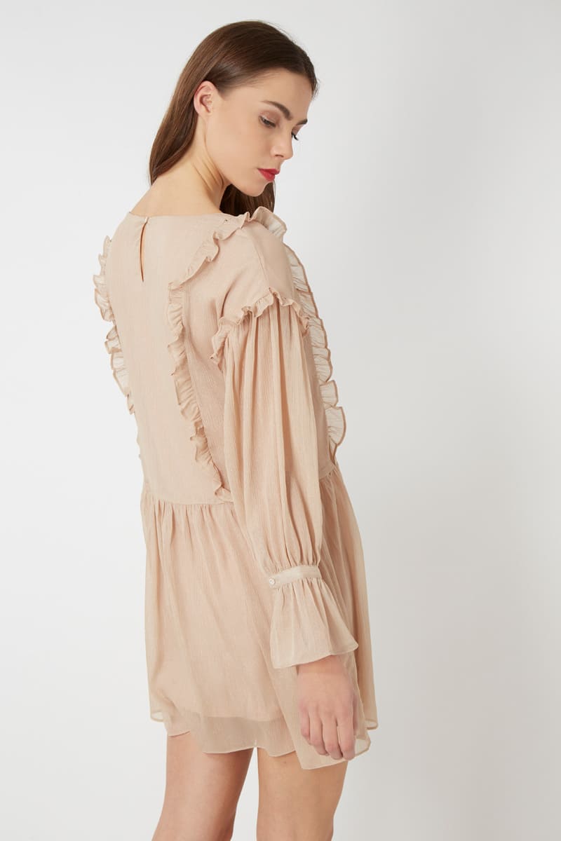 Vestido corto manga larga dress outfit La Morena LA-180358 volantes hilo metalizado forro integrado cuello redondo cierre botón trasero beige talla 38 elegante femenino cómodo versátil ✅Entrega 24/48h