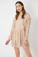 Vestido corto manga larga dress outfit La Morena LA-180358 volantes hilo metalizado forro integrado cuello redondo cierre botón trasero beige talla 38 elegante femenino cómodo versátil ✅Entrega 24/48h