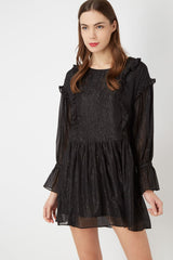Vestido corto mujer elegante dress volantes manga larga transparencia sutil brillo tejido vaporoso moderno sofisticado tendencia fiesta urbano negro talla 38 cómodo versátil ✅Entrega 24/48h