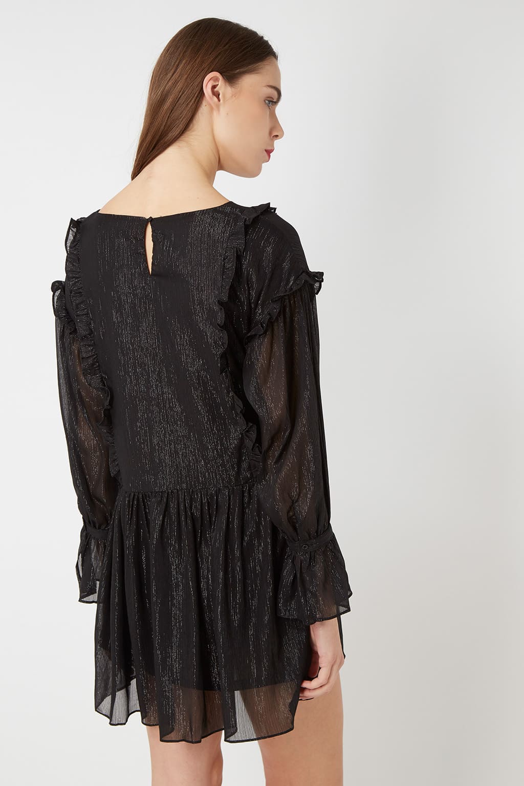Vestido corto mujer elegante dress volantes manga larga transparencia sutil brillo tejido vaporoso moderno sofisticado tendencia fiesta urbano negro talla 38 cómodo versátil ✅Entrega 24/48h
