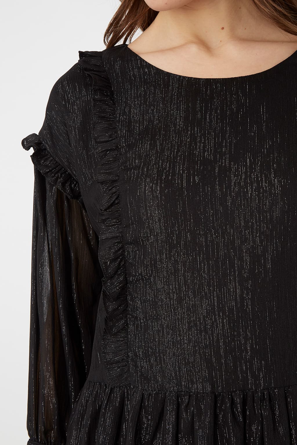 Vestido corto mujer elegante dress volantes manga larga transparencia sutil brillo tejido vaporoso moderno sofisticado tendencia fiesta urbano negro talla 38 cómodo versátil ✅Entrega 24/48h
