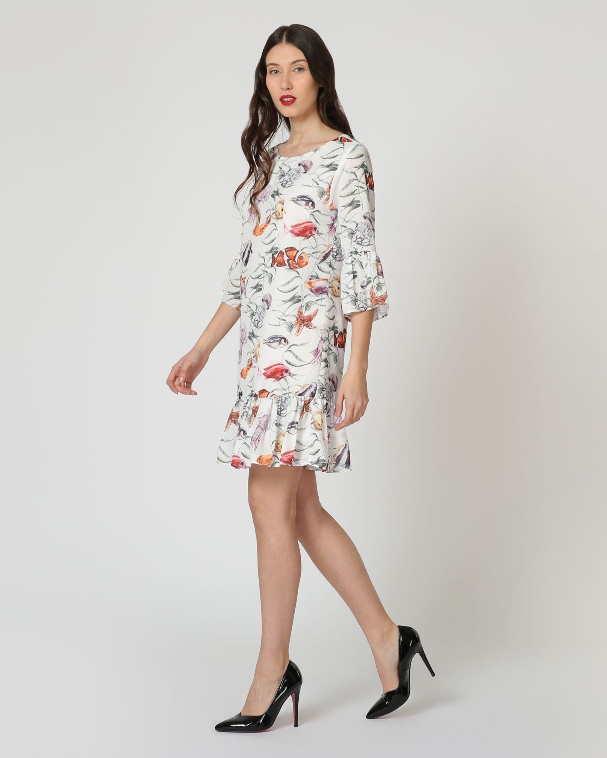 Vestido corto mujer, dress La Morena LA-180412, estampado peces, manga 3/4 volante, cuello redondo, forro interior, corte fluido, estilo casual elegante, talla 38, blanco ✅Entrega 24/48h