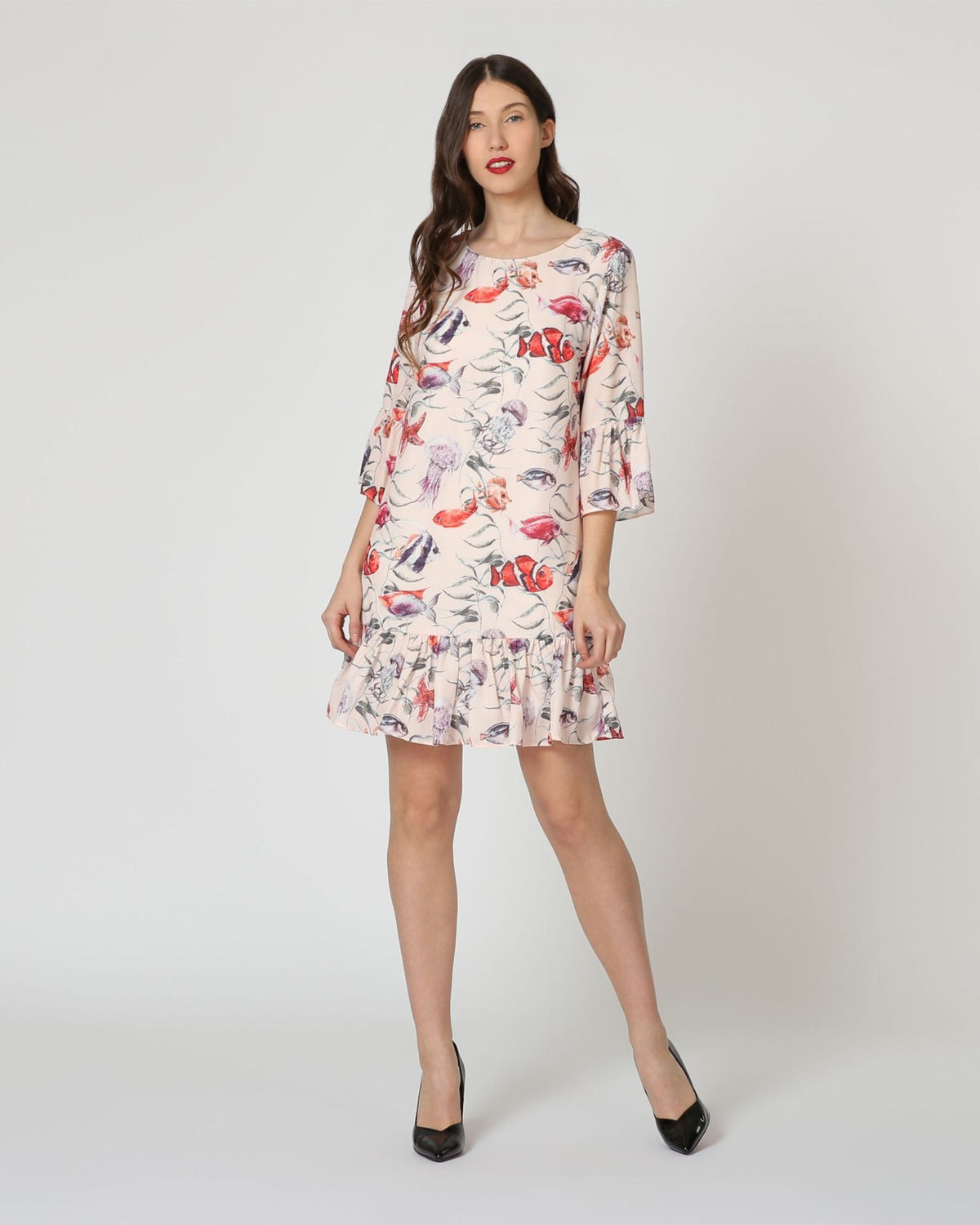 Vestido corto mujer, dress outfit, estampado peces, manga 3/4, falda volante, estilo fresco, tela ligera, forro interior, multicolor, talla 38, elegante, versátil, moderno, ideal eventos y urbano ✅Entrega 24/48h