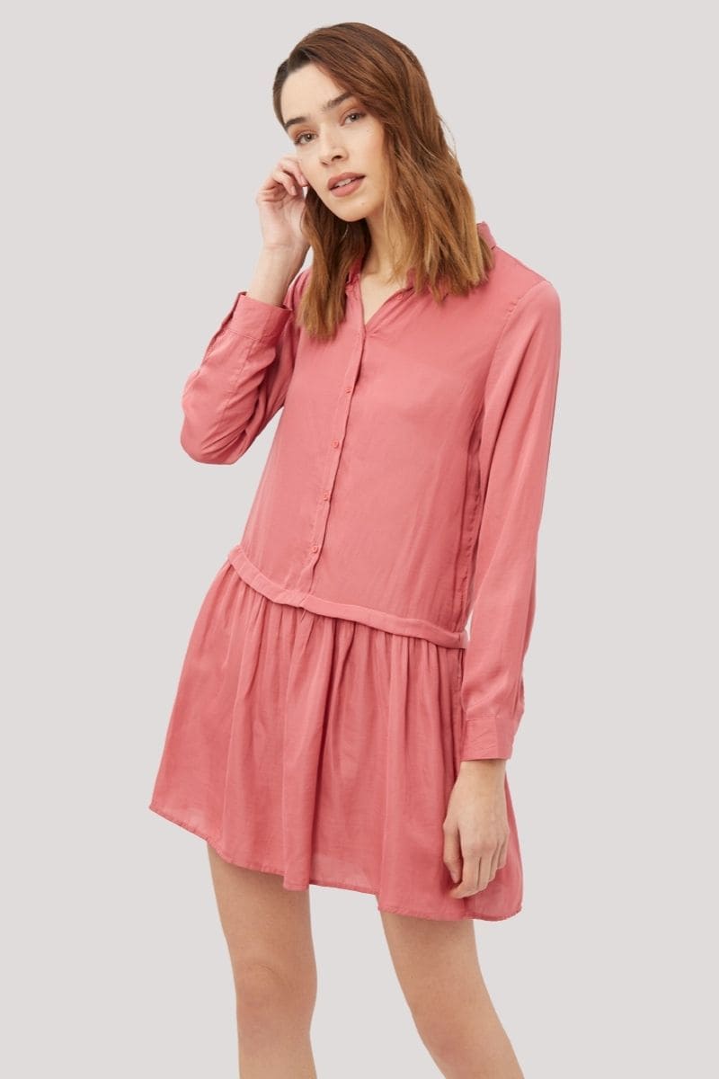Vestido camisero mujer, dress juvenil, corte relajado, manga larga, botones frontales, estilo casual elegante, color rosa, suave, cómodo, talla 38, ideal reuniones y salidas urbanas, fácil de combinar ✅Entrega 24/48h
